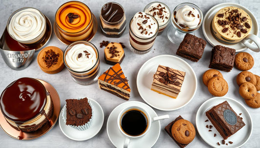 A visually enticing layout of various coffee-infused desserts, including rich coffee-flavored cakes with glossy chocolate ganache, delicate coffee soufflés dusted with cocoa powder, creamy espresso panna cotta in elegant glasses,