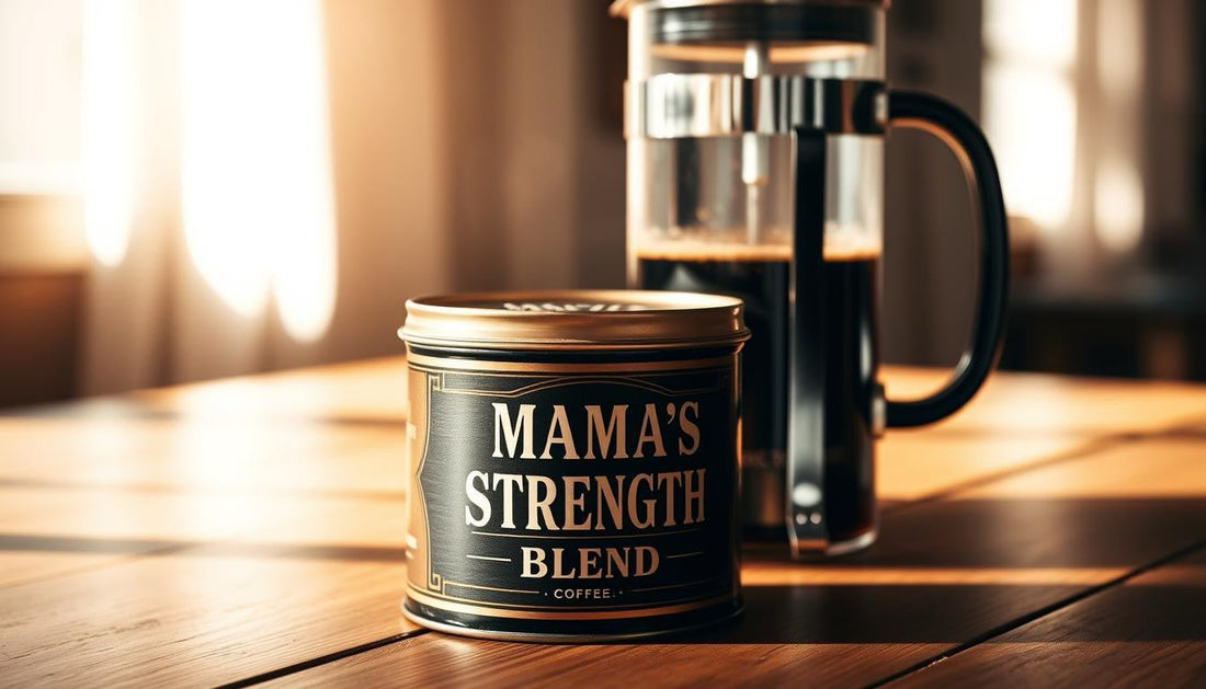 A coffee mug with the "Mama's Strength" label on it sitting on a table with a French press behind it.