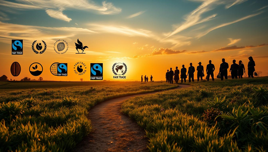 A sunrise landscape with a winding path leading through a lush, verdant field. In the foreground, Fair Trade certification symbols and logos gradually transform and evolve, their designs becoming more intricate and polished over time.