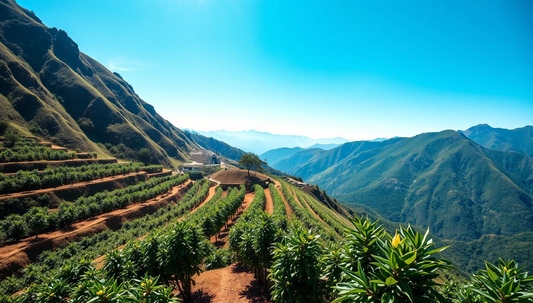 A coffee farm with mountains in the background amid a blue sky