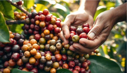 Farmer inspecting organic coffee cherries for ripeness