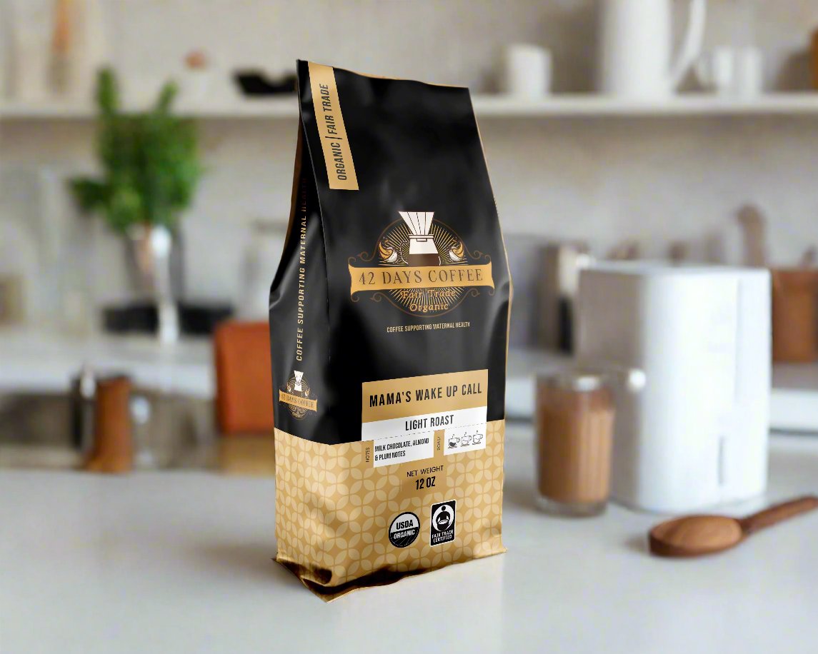 Mama's Wake Up Call coffee bag. Front View sitting on a counter