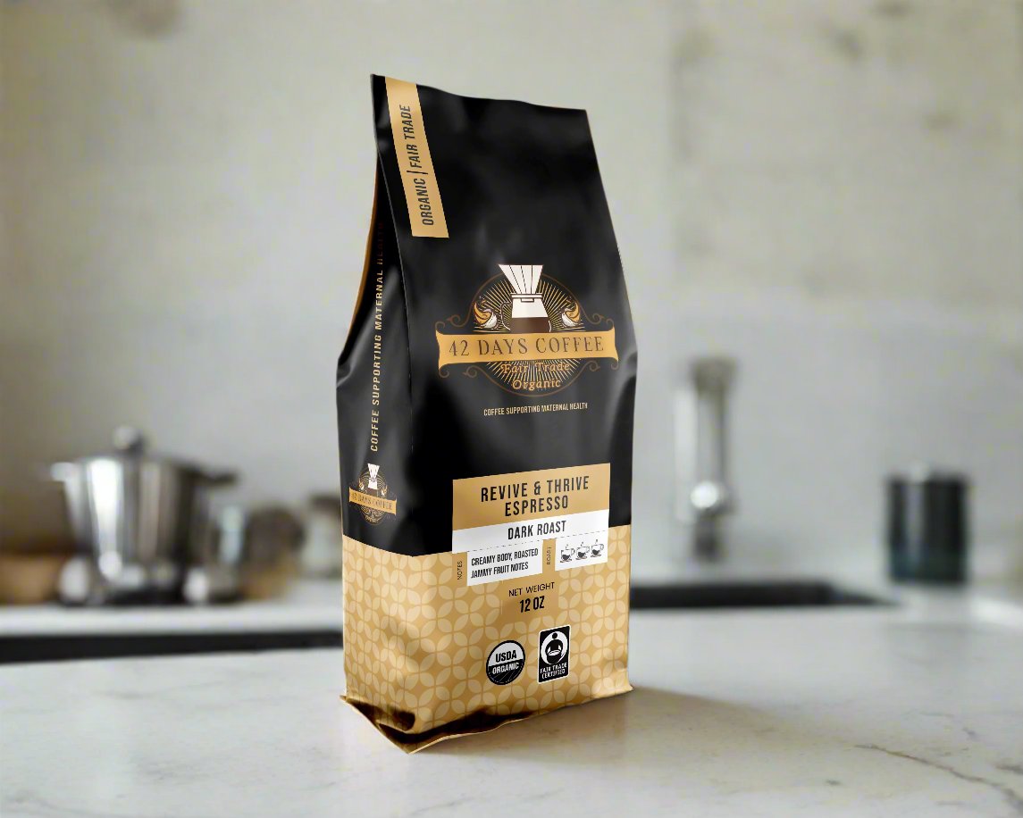 Revive & Thrive Espresso coffee bag sitting on a counter in a modern kitchen.