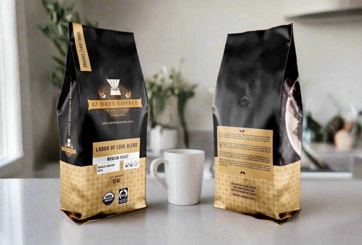 Front and back of the Labor of Love coffee bags sitting on a counter