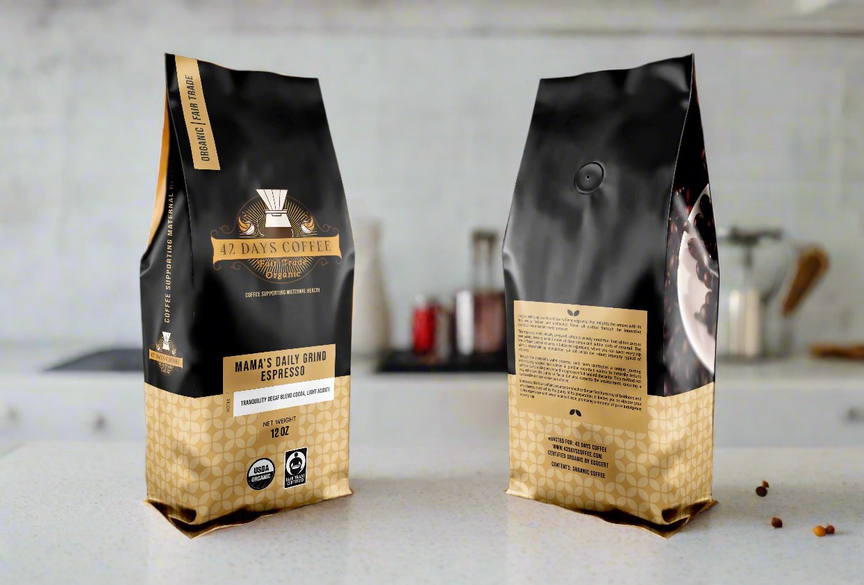 Mama's Daily Grind coffee bags - Front and back view.