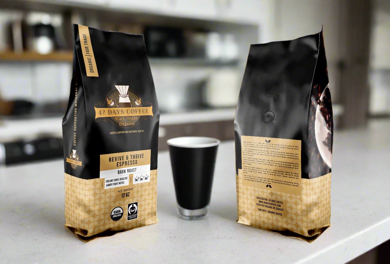 Revive & Thrive Espresso coffee bags sitting on a counter. Front and back view.