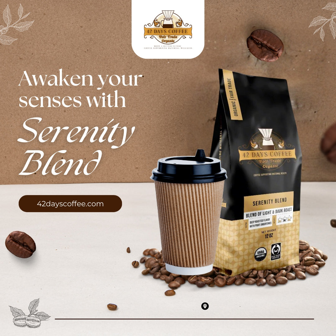 Serenity Blend coffee bags on a counter with coffee beans surrounding the base.