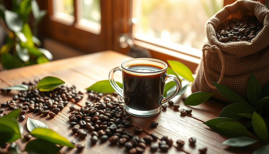 A steaming cup of organic coffee placed on a rustic wooden table, surrounded by freshly roasted coffee beans, vibrant green coffee leaves, and an open burlap sack filled with organic coffee beans, soft morning light streaming