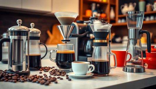 Beautiful coffee pots sitting on a counter surrounded by coffee beans