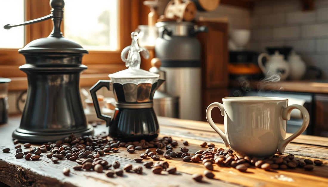 Coffee grinder, pot and cups sitting on a counter surrounded by coffee beans