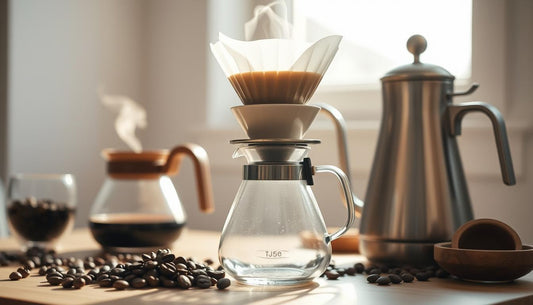 Coffee pot sitting on a table surrounded by coffee beans