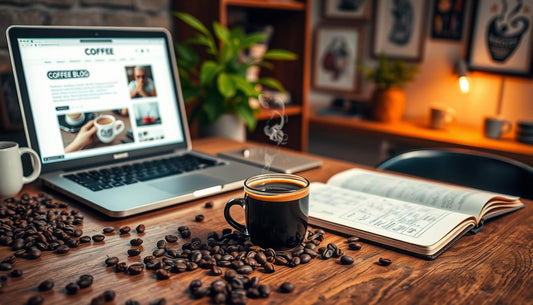 A cozy coffee-themed workspace featuring a steaming cup of coffee on a rustic wooden table, surrounded by a laptop displaying coffee blog articles, scattered coffee beans, an open notebook with sketches and ideas, and a vibrant plant in the background.