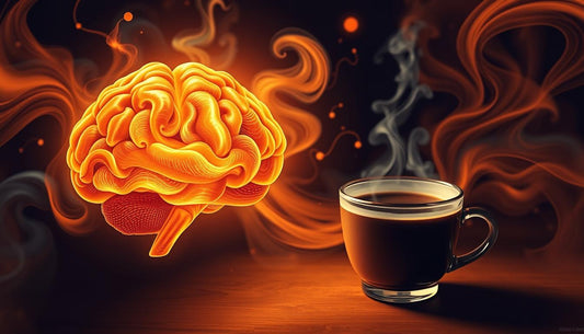 A steaming cup of coffee placed beside an illuminated brain, surrounded by swirling abstract shapes representing thoughts and ideas, with warm and vibrant colors merging to signify energy and focus.