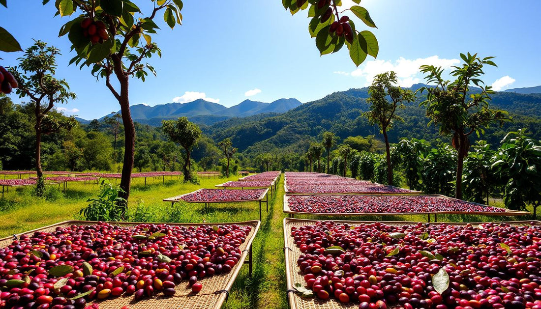 "An idyllic coffee farm scene showcasing natural coffee processing, with ripe coffee cherries laid out on raised drying beds under the warm sun, surrounded by lush greenery and mountains in the background