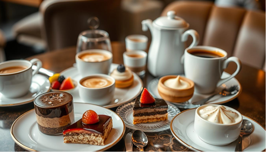 A beautifully arranged table featuring an assortment of gourmet desserts, such as rich chocolate mousse, delicate fruit tarts, and creamy panna cotta, paired with steaming cups of artisanal coffee.