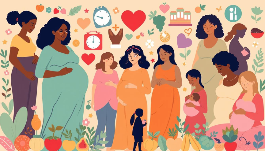 A vibrant illustration of various maternal health indicators, featuring a diverse group of women in different stages of pregnancy and motherhood surrounded by symbols representing health metrics