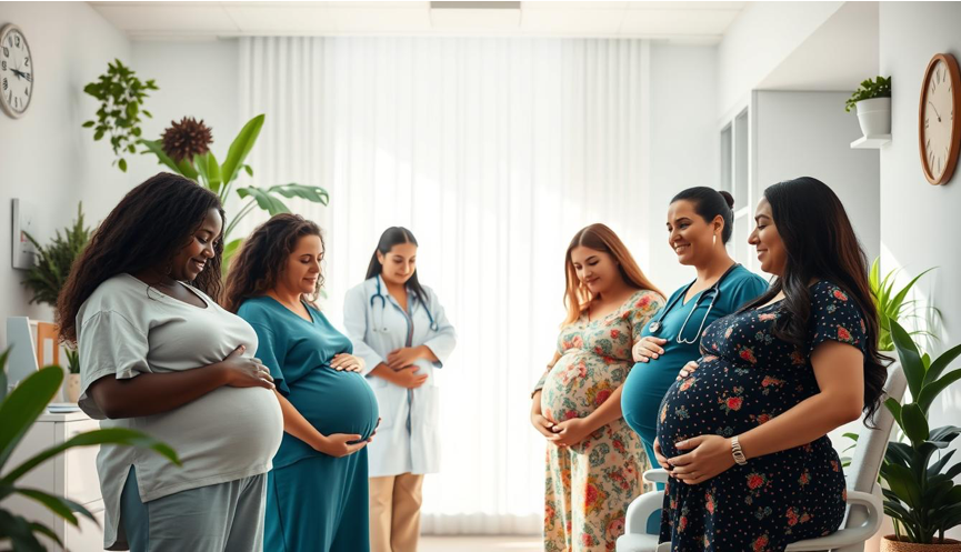 A serene maternal healthcare setting, showcasing a diverse group of pregnant women in a sunlit clinic, surrounded by caring healthcare professionals, with soothing colors, plants, and natural light; emphasizing compassion, support, and health.