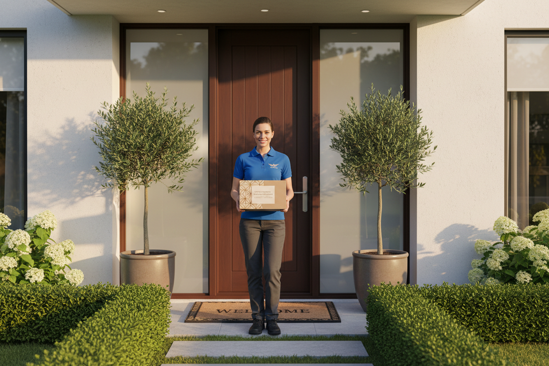 Delivery driver delivering a package to the front door of an upscale home