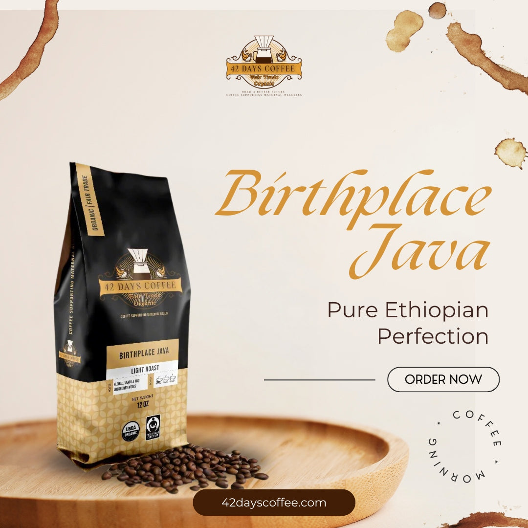 Birthplace Coffee bag sitting on a rotating base with coffee beans around it.