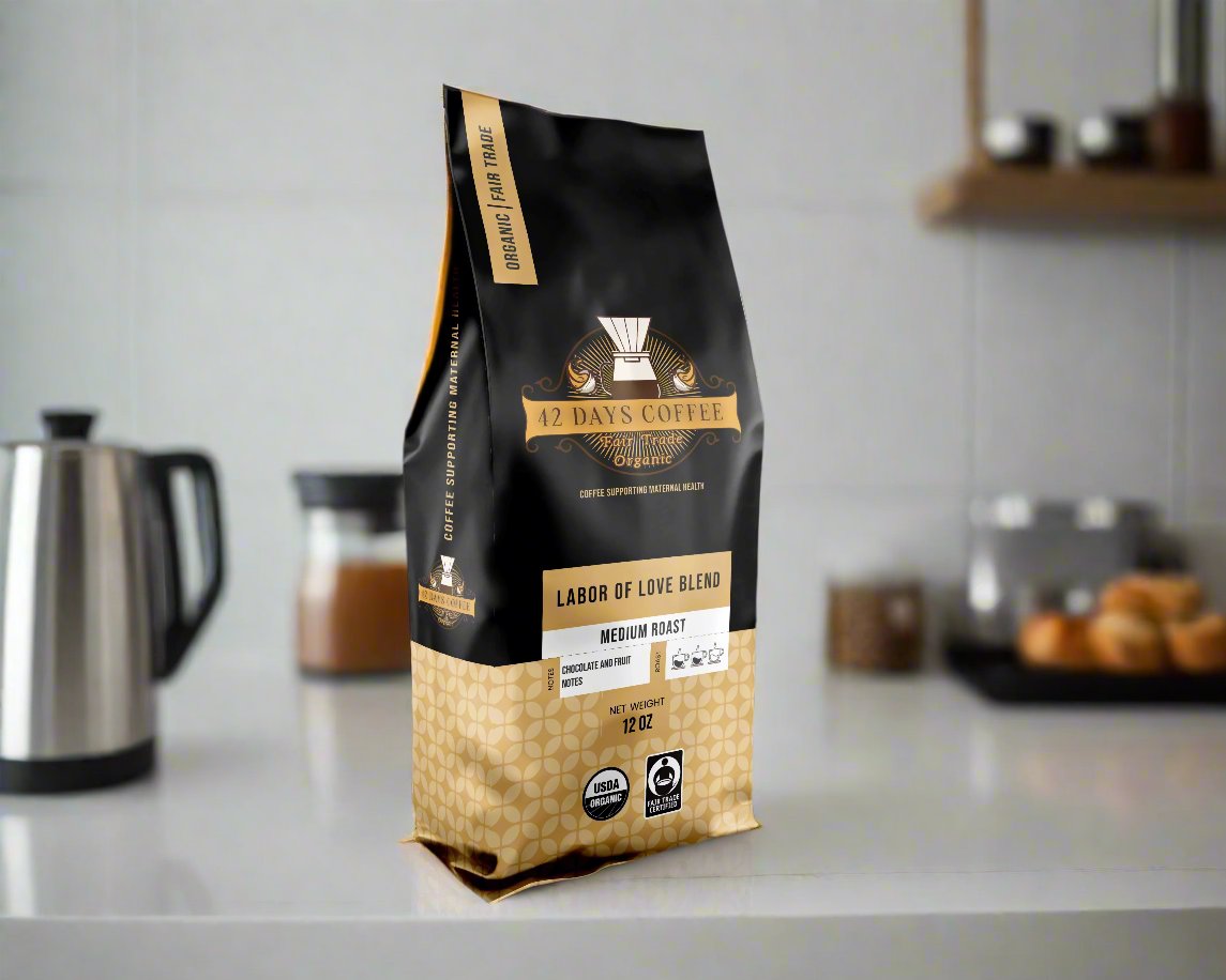 Labor of Love medium roast coffee bag sitting on a counter.