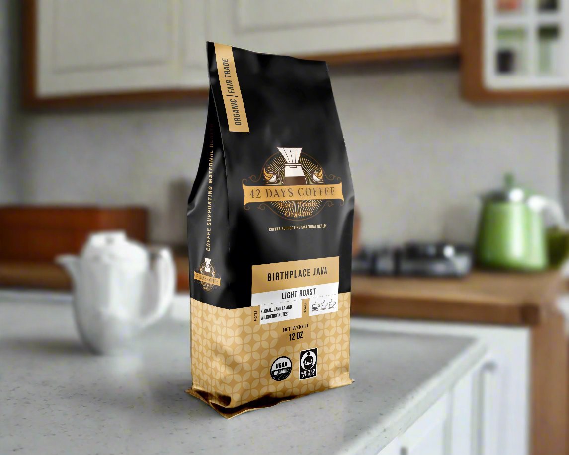 Birthplace Java coffee bag sitting on a counter