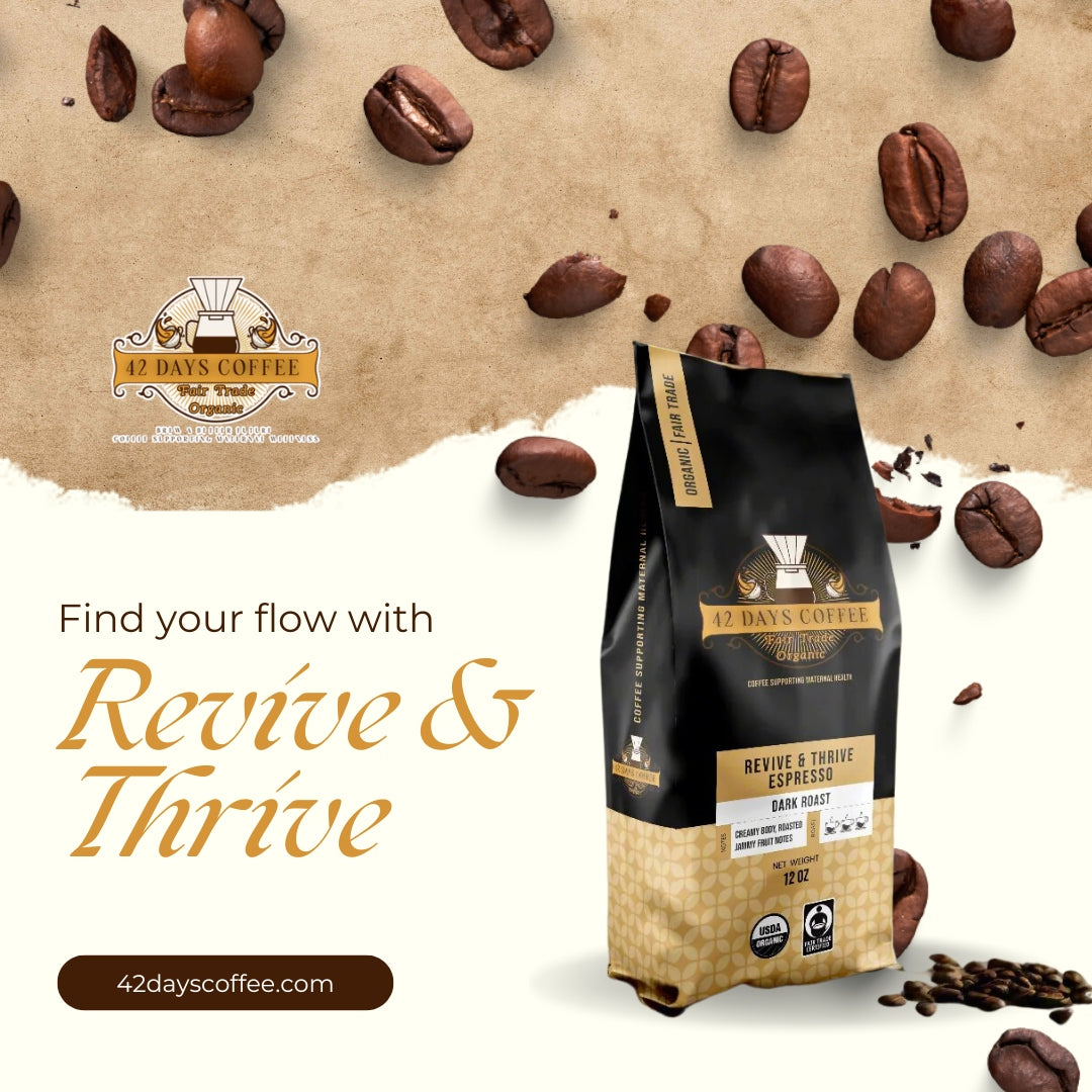 Revive & Thrive Espresso coffee bag sitting on a counter with coffee beans around it.